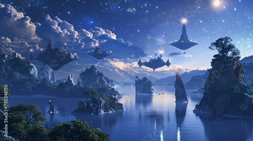 Fantastic night landscape with flying islands 