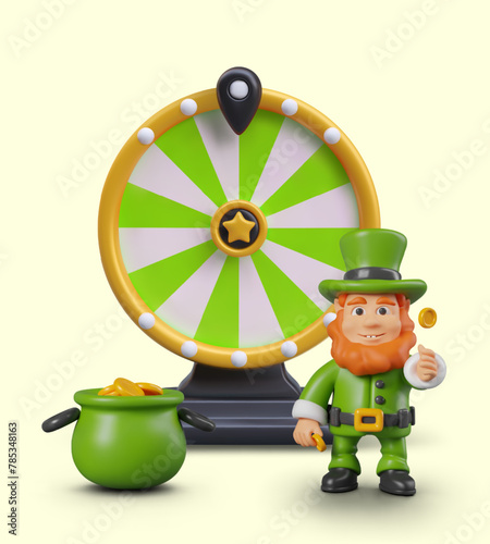 Advertisement of event in online game. 3D leprechaun stands with treasure near wheel of fortune