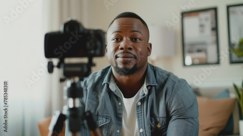 A blogger sits in the living room and records himself on camera for videoblog. Concept of coaching, blogging online knowledge transfer