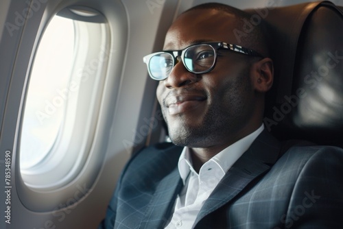 Businessman enjoying his business class flight on private jet