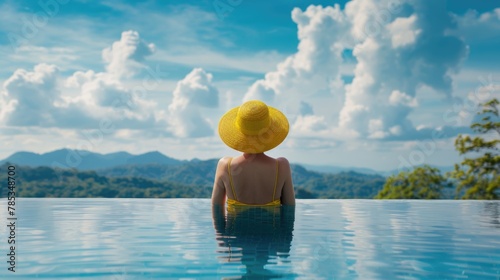 A young girl sitting on the edge of a swimming pool and enjoying a beautiful landscape with a blue sky, back view. photo