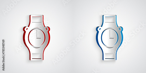 Paper cut Wrist watch icon isolated on grey background. Wristwatch icon. Paper art style. Vector