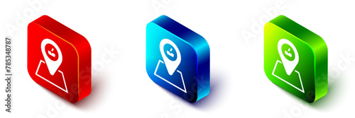 Isometric Picnic location icon isolated on white background. Red, blue and green square button. Vector