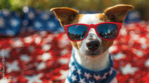 A dog wearing sunglasses and a red bandana is sitting on a red, white, and blue American flag photo
