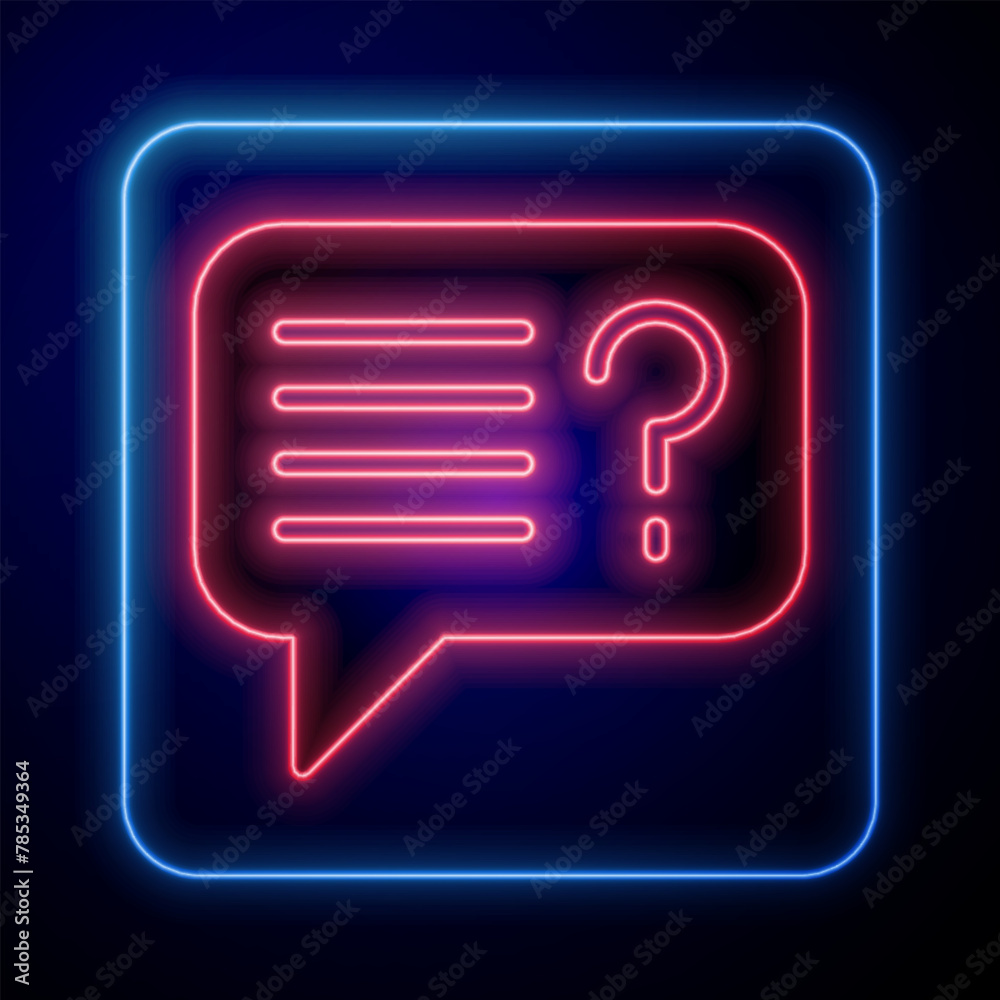 Glowing neon Unknown search icon isolated on black background. Magnifying glass and question mark. Vector Glowing neon Unknown search icon isolated on black background. Magnifying glass and question mark. Vector