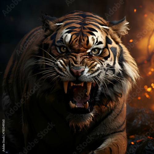 Portrait of a tiger in front of a burning forest background.