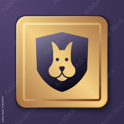 Purple Animal health insurance icon isolated on purple background. Pet protection concept. Dog or cat paw print. Gold square button. Vector