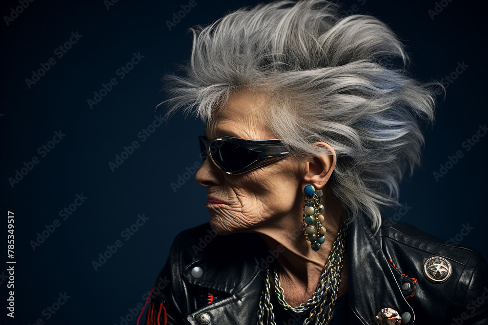 Colorful Generative AI picture of stylish punk person with hairy hairstyle rebellion punk leather outfit