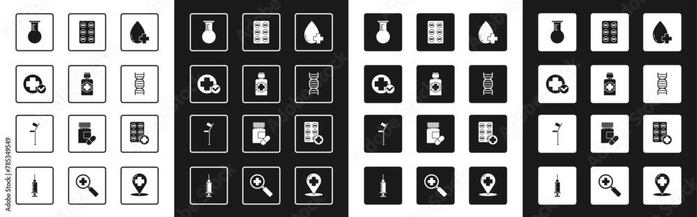 Set Donate drop blood with cross, Bottle of medicine syrup, Cross hospital medical, Test tube and flask, DNA symbol, Pills blister pack, and Crutch or crutches icon. Vector Set Donate drop blood with cross, Bottle of medicine syrup, Cross hospital medical, Test tube and flask, DNA symbol, Pills blister pack, and Crutch or crutches icon. Vector