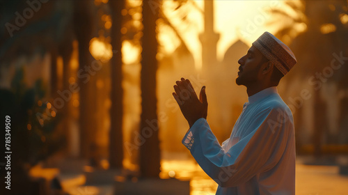 A man praying in front of palm trees.