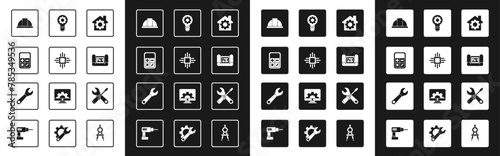 Set House with gear, Processor microcircuits CPU, Calculator, Worker safety helmet, plan, Light bulb and, Screwdriver wrench spanner and Wrench icon. Vector