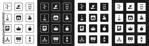 Set Honey dipper stick and bowl, Aroma lamp, Tea bag, Bamboo stems with leaves, Stack hot stones, Apple in hand, and Leaf document icon. Vector