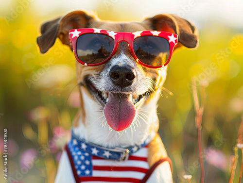 A dog wearing sunglasses and a red, white, and blue bandana. The dog is smiling and has its tongue out