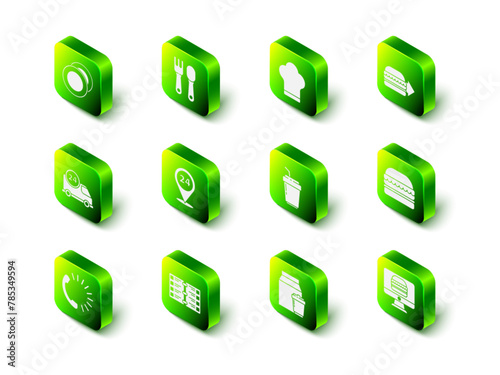 Set Fork and spoon, Chef hat, Online ordering burger delivery, Burger, Coffee cup to go, and Restaurant cafe menu icon. Vector