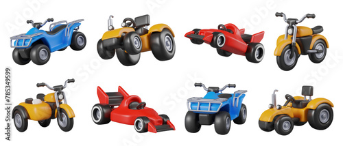 Realistic quad bike, farm tractor, racing car, tricycle with sidecar