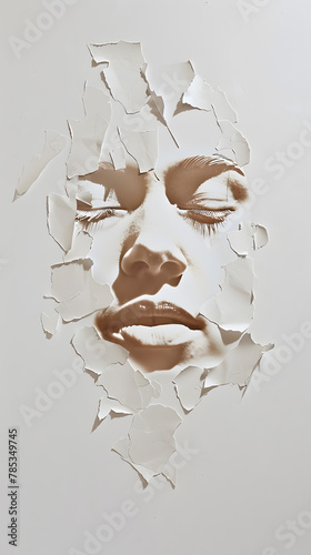 Artwork, abstract art of human face with closed eyes made of torn paper