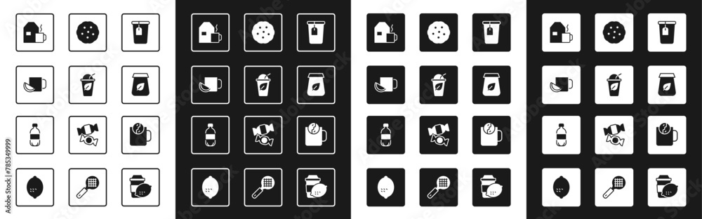 Set Cup with tea bag, of leaf, lemon, milk, Tea packaging, Cookie or biscuit, time and Bottle water icon. Vector Set Cup with tea bag, of leaf, lemon, milk, Tea packaging, Cookie or biscuit, time and Bottle water icon. Vector