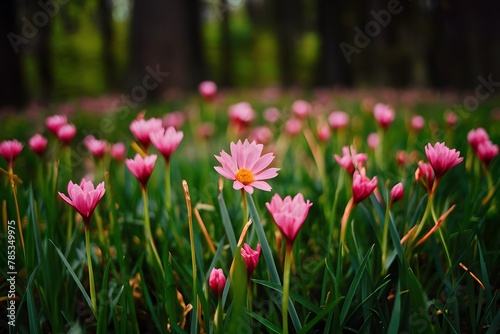 Pink flowers add a touch of beauty to forest scenery