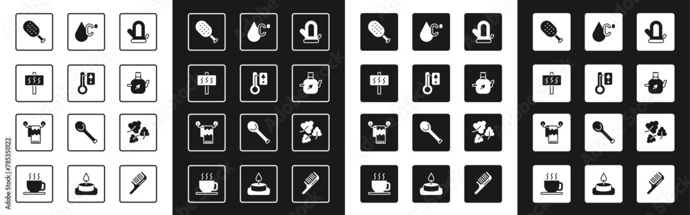 Set Sauna mitten, thermometer, brush, Teapot with leaf, Water temperature, Oak and Towel on hanger icon. Vector Set Sauna mitten, thermometer, brush, Teapot with leaf, Water temperature, Oak and Towel on hanger icon. Vector
