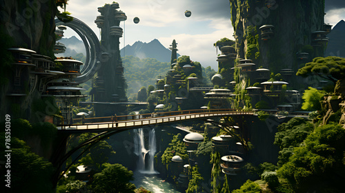 Fantasy landscape with a bridge over the waterfall. 3d rendering