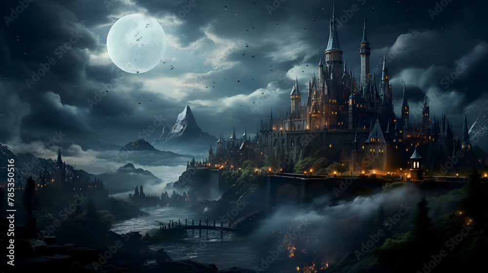 Magic fantasy castle on the shores of the lake in the moonlight