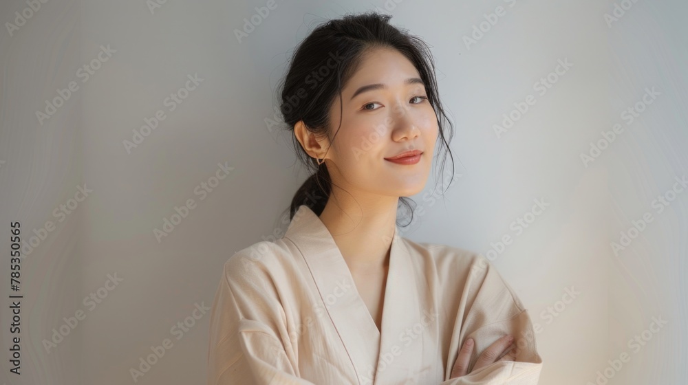 Asian woman fashion designer in a luxury studio, standing with arms crossed and smiling. Asian woman fashion designer in a luxury studio, standing with arms crossed and smiling.