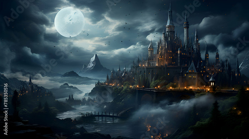 Magic fantasy castle on the shores of the lake in the moonlight