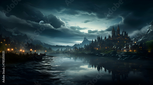 Fantasy landscape with fantasy castle and magic lake. 3d rendering