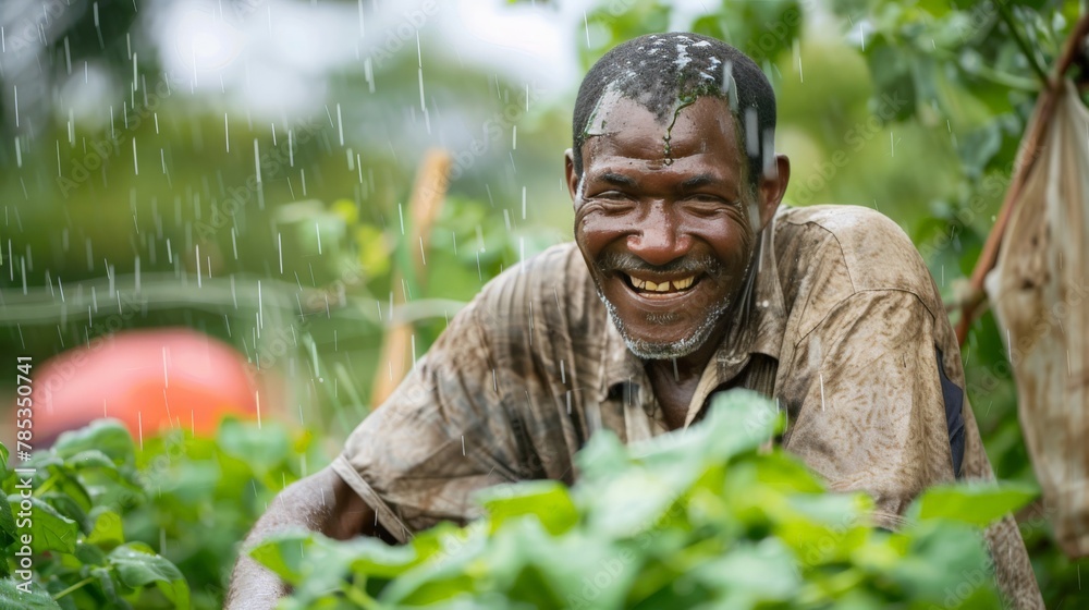 A man smiles contentedly as he tends to his garden, relishing the nourishment provided by the rain.