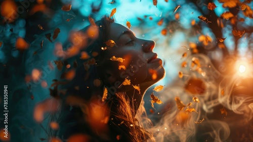 Woman with autumn leaves in mystic forest - A dreamy portrait of a young woman surrounded by swirling autumn leaves against a bokeh light background