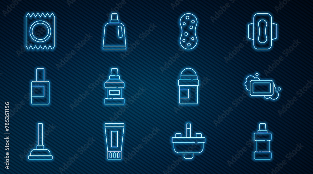 Set line Bottle for cleaning agent, Bar of soap, Sponge, Mouthwash bottle, Condom package safe sex, Antiperspirant deodorant roll and icon. Vector Set line Bottle for cleaning agent, Bar of soap, Sponge, Mouthwash bottle, Condom package safe sex, Antiperspirant deodorant roll and icon. Vector