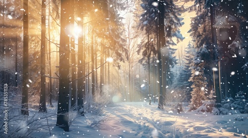 Winter nature scene with sun shining. © grigoryepremyan