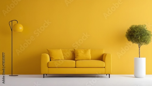 minimalist yellow living room with plant pot, sofa and lamp