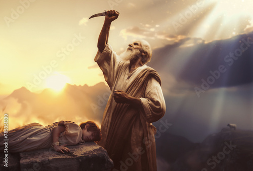 Abraham and Isaac. The Covenant Renewed: Abraham's Faith Rewarded at the Mount of Sacrifice. Divine Providence: The Ram in the Thicket and Abraham's Test of Faith. Biblical story of test and sacrifice photo