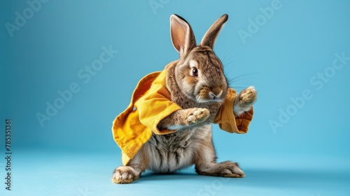 Bunny dressed in cute hoodie giving a hi-five - An adorable bunny dressed in a tiny orange hoodie gives a hi-five, exuding charm and whimsy photo