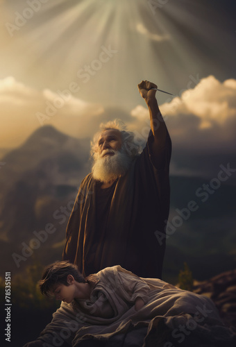 Abraham and Isaac. Sacrificial Love: Abraham's Harrowing Journey with Isaac to the Altar. A Father's Devotion: Abraham's Trial and the Angel's Intervention. Biblical story. The Binding photo