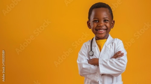 A portrait of a smiling happy little black kid wearing a medical uniform on an orange color banner. photo