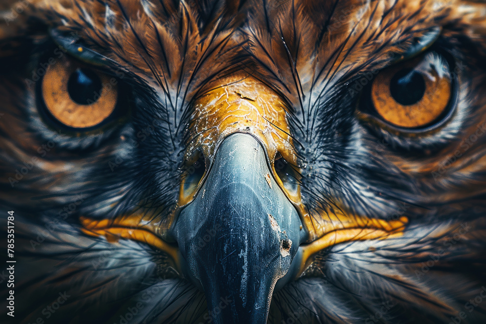 Intense close-up of an eagle face, highlighting its sharp beak and piercing golden eyes amidst detailed feathers Intense close-up of an eagle face, highlighting its sharp beak and piercing golden eyes amidst detailed feathers
