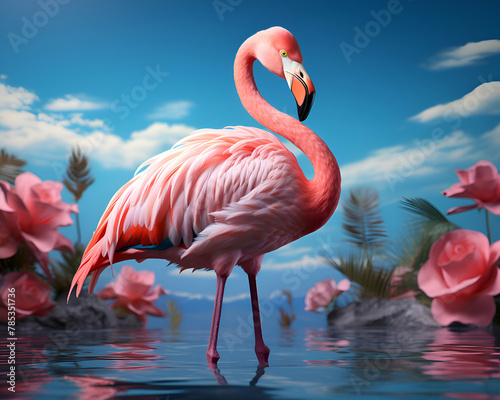Pink flamingo on a background of pink flowers. 3d rendering