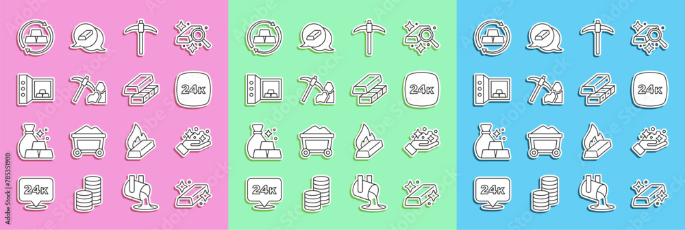 Set line Gold bars, mine, 24k, Pickaxe, mining, Safe with gold, exchange money and icon. Vector