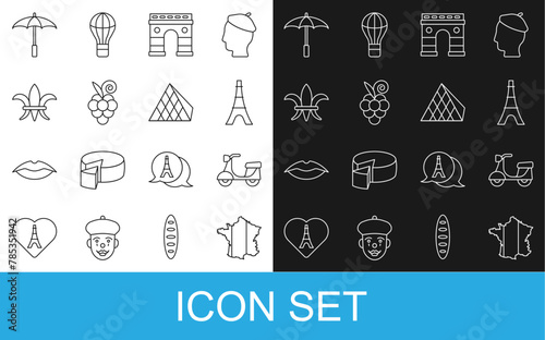 Set line Map of France, Scooter, Eiffel tower, Triumphal Arch, Grape fruit, Fleur De Lys, Umbrella for beach and Louvre glass pyramid icon. Vector
