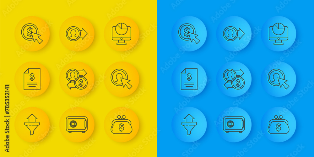 Set line Sales funnel with arrows, Contract money, Job promotion exchange, Wallet dollar, User of man in business suit, Cursor and coin, Computer monitor graph chart and icon. Vector Set line Sales funnel with arrows, Contract money, Job promotion exchange, Wallet dollar, User of man in business suit, Cursor and coin, Computer monitor graph chart and icon. Vector
