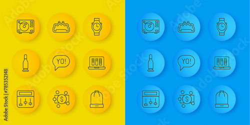 Set line Drum machine music, Bullet, Yo slang lettering, Winter hat, Sound or audio recorder, Vinyl player with vinyl disk, Wrist watch and Brass knuckles icon. Vector