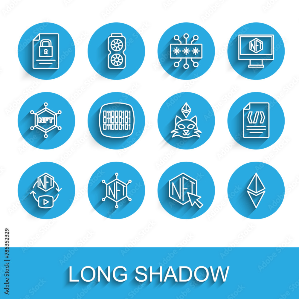 Set line NFT Digital crypto art, blockchain technology, Document and, Ethereum ETH, Binary code, and icon. Vector Set line NFT Digital crypto art, blockchain technology, Document and, Ethereum ETH, Binary code, and icon. Vector