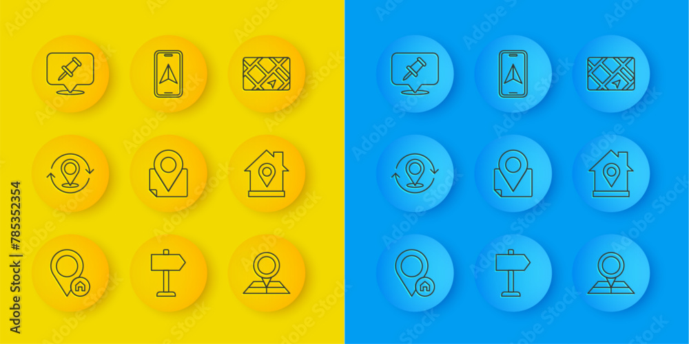Set line Location with house, Map pin, Folded map location marker, Push, Gps device and City navigation icon. Vector