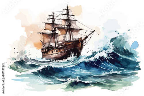 Ship Shipwreck Sea Waves Tall Ship watercolor white background. © Hasan Art