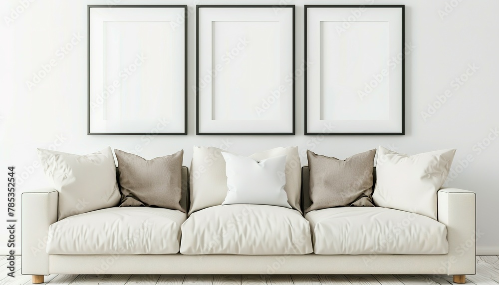 Obraz premium Frame Mockup Wall. Mockup frame in farmhouse living room interior. Interior mockup with rectangular vertical frame hanging on a white textured wall mockup house background.