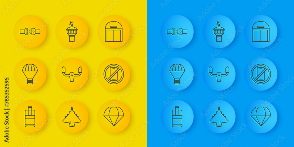 Set line Suitcase, Box flying on parachute, Aircraft steering helm, Parachute, No cell phone, Safety belt, hangar and Radar icon. Vector Set line Suitcase, Box flying on parachute, Aircraft steering helm, Parachute, No cell phone, Safety belt, hangar and Radar icon. Vector