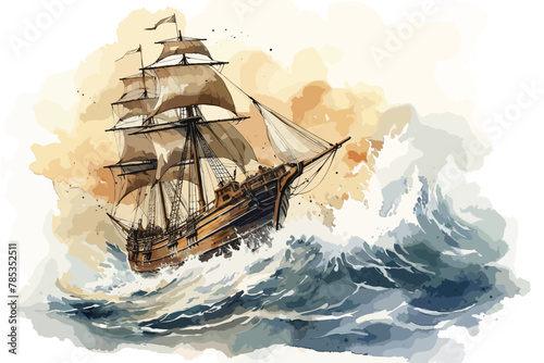 Ship Shipwreck Sea Waves Tall Ship watercolor white background.