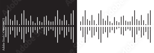 Set of waving, sound, vibration and pulsing lines. Graphic design elements for music app. Equalizer icons with soundwave line isolated on black and white background. Vector illustration. EPS 10 photo